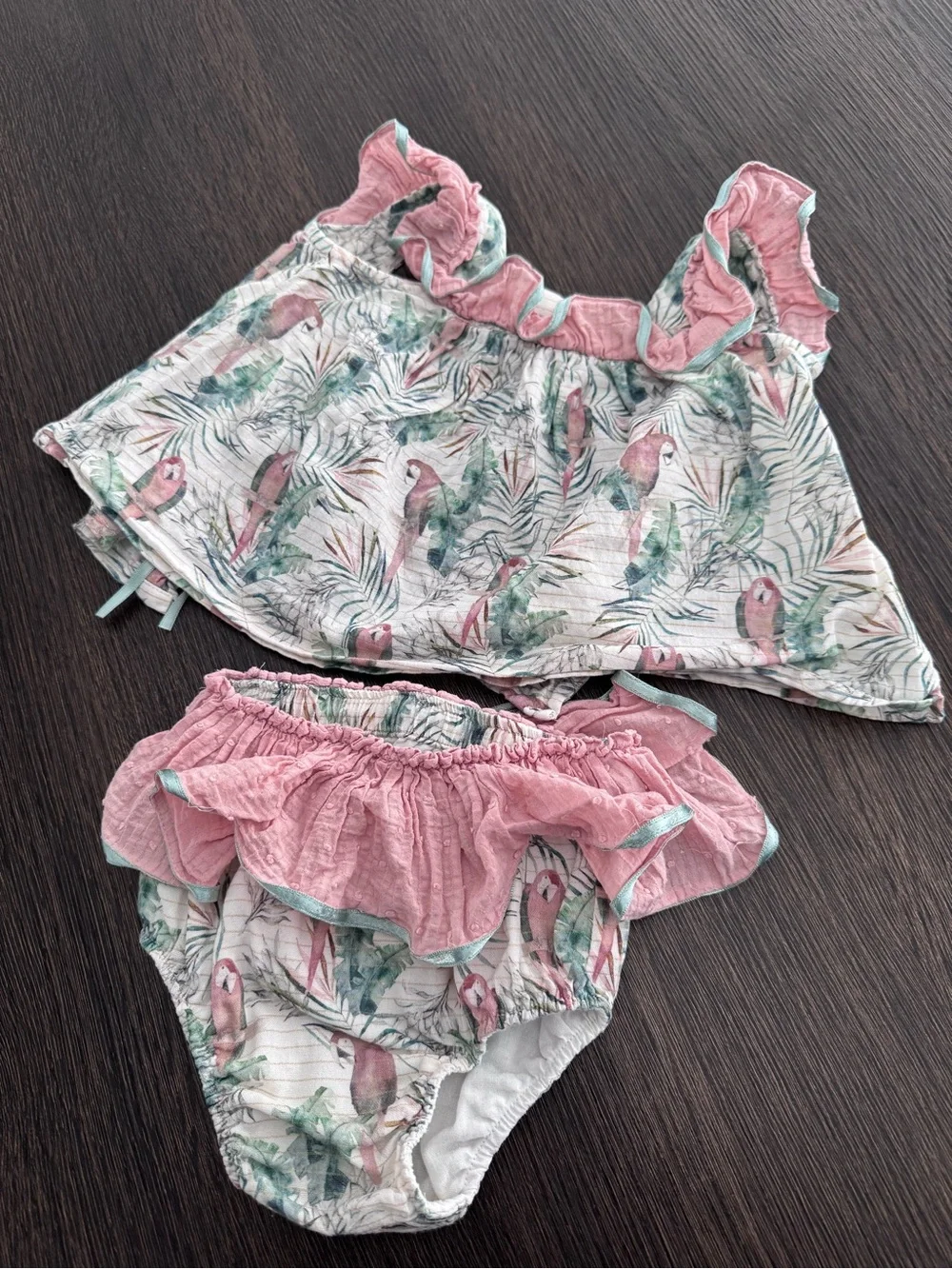 From Spain/ Martin Aranda Pink Ruffle Tropical Parrot Bib with Mint Trim